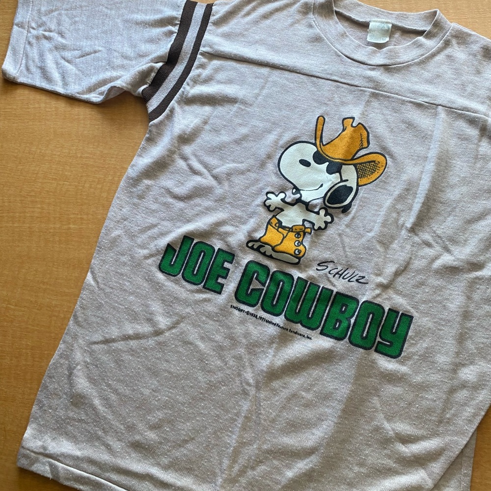Vintage 60s 70s Peanuts Snoopy Joe Cowboy 3/4 Sleeve Ringer T Shirt S M USA